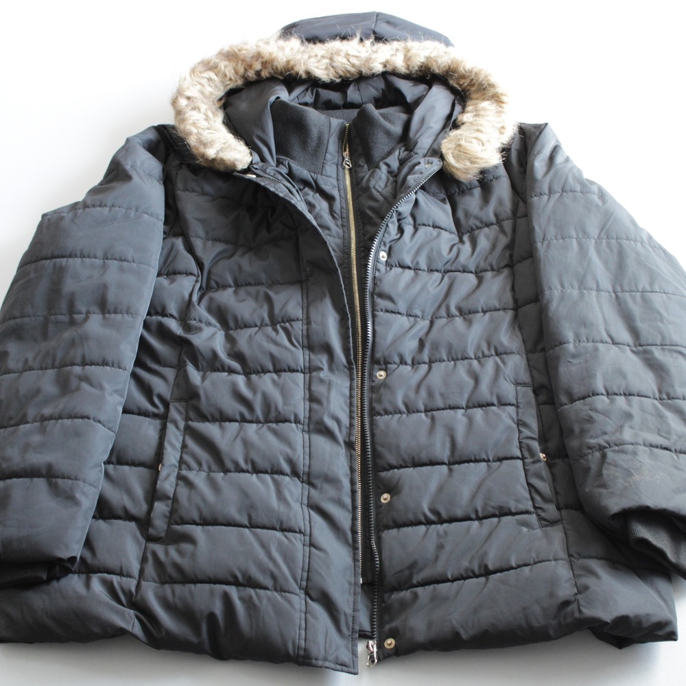 Time and Tru Kids Puffer Jacket XL 16-18 Black Faux Fur Hood Outdoor Winter